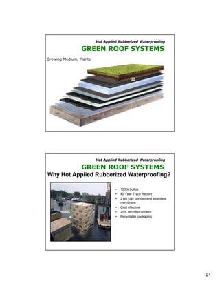 Hot Applied Rubberized Waterproofing

                 GREEN ROOF SYSTEMS
Growing Medium, Plants




                                              M6




                         Hot Applied Rubberized Waterproofing

                 GREEN ROOF SYSTEMS
Why Hot Applied Rubberized Waterproofing?

                                   •   100% Solids
                                   •   40 Year Track Record
                                   •   2 ply fully bonded and seamless
                                       membrane
                                   •   Cost effective
                                   •   25% recycled content
                                   •   Recyclable packaging




                                                                         21
 