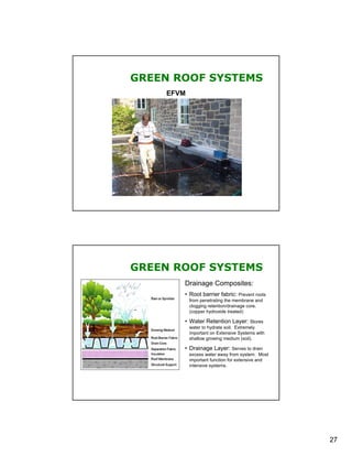 GREEN ROOF SYSTEMS
    EFVM




GREEN ROOF SYSTEMS
       Drainage Composites:
       • Root barrier fabric: Prevent roots
           from penetrating the membrane and
           clogging retention/drainage core.
           (copper hydroxide treated)

       • Water Retention Layer: Stores
           water to hydrate soil. Extremely
           important on Extensive Systems with
           shallow growing medium (soil).

       • Drainage Layer: Serves to drain
           excess water away from system. Most
           important function for extensive and
           intensive systems.




                                                  27
 