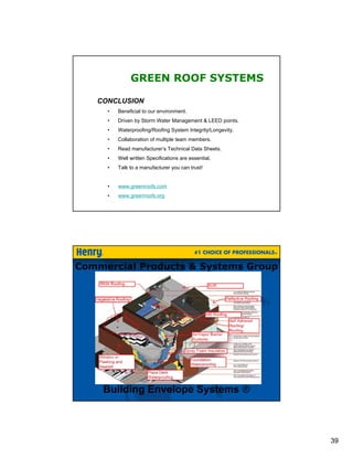 GREEN ROOF SYSTEMS

   CONCLUSION
     •   Beneficial to our environment.
     •   Driven by Storm Water Management & LEED points.
     •   Waterproofing/Roofing System Integrity/Longevity.
     •   Collaboration of multiple team members.
     •   Read manufacturer’s Technical Data Sheets.
     •   Well written Specifications are essential.
     •   Talk to a manufacturer you can trust!


     •   www.greenroofs.com
     •   www.greenroofs.org




Commercial Products & Systems Group
         GREEN ROOF SYSTEMS




    Building Envelope Systems ®



                                                             39
 