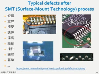 台灣人工智慧學校
Typical defects after
SMT (Surface-Mount Technology) process
短路
空焊
極反
缺件
浮高
跪腳
撞件
錫球
墓碑
…
24
https://www.researchmfg.com/2011/02/soldering-defect-symptom/
 