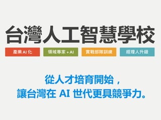 台灣人工智慧學校
產業 AI 化 實戰部隊訓練領域專家 + AI 經理人升級
從人才培育開始，
讓台灣在 AI 世代更具競爭力。
 