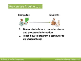 Aiaioo Labs (www.aiaioo.com)Arduino in Indian Languages
Computers Students
You can use Arduino to …
1. Demonstrate how a computer stores
and processes information
2. Teach how to program a computer to
do various things
 