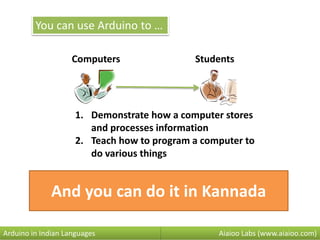 Aiaioo Labs (www.aiaioo.com)Arduino in Indian Languages
Computers Students
You can use Arduino to …
1. Demonstrate how a computer stores
and processes information
2. Teach how to program a computer to
do various things
And you can do it in Kannada
 