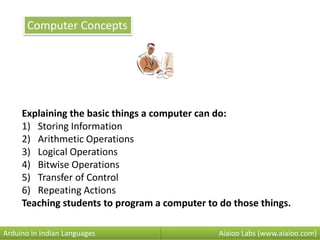 Computer Concepts
Explaining the basic things a computer can do:
1) Storing Information
2) Arithmetic Operations
3) Logical Operations
4) Bitwise Operations
5) Transfer of Control
6) Repeating Actions
Teaching students to program a computer to do those things.
Aiaioo Labs (www.aiaioo.com)Arduino in Indian Languages
 