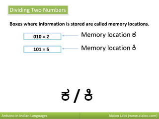 Dividing Two Numbers
Boxes where information is stored are called memory locations.
010 = 2
101 = 5
Aiaioo Labs (www.aiaioo.com)Arduino in Indian Languages
Memory location ಕ
ಕ / ಕಿ
Memory location ಕಿ
 