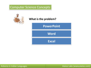 Computer Science Concepts
PowerPoint
What is the problem?
Word
Excel
Aiaioo Labs (www.aiaioo.com)Arduino in Indian Languages
 