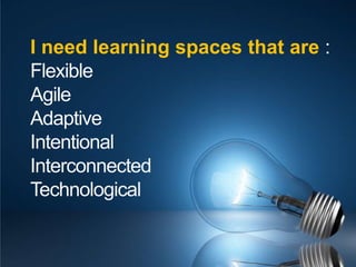 I need learning spaces that are :FlexibleAgileAdaptiveIntentionalInterconnectedTechnological