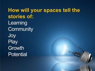 How will your spaces tell the stories of:LearningCommunityJoyPlayGrowthPotential
