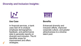Diversity and Inclusion Insights:
Use Case
In financial services, a bank
uses Gen AI to analyze
employee demographics,
feedback, and performance
data to generate reports on
diversity and inclusion. The AI
identifies areas for
improvement and offers
strategies.
Benefits
Enhanced diversity and
inclusion efforts, improved
corporate culture, and greater
attractiveness to a diverse
talent pool.
 