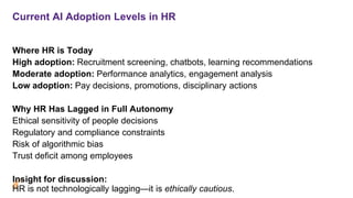 Current AI Adoption Levels in HR
Where HR is Today
High adoption: Recruitment screening, chatbots, learning recommendations
Moderate adoption: Performance analytics, engagement analysis
Low adoption: Pay decisions, promotions, disciplinary actions
Why HR Has Lagged in Full Autonomy
Ethical sensitivity of people decisions
Regulatory and compliance constraints
Risk of algorithmic bias
Trust deficit among employees
Insight for discussion:
HR is not technologically lagging—it is ethically cautious.
 