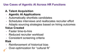 Use Cases of Agentic AI Across HR Functions
A. Talent Acquisition
• Agentic AI Applications
• Automatically shortlists candidates
• Schedules interviews and reallocates recruiter effort
• Adapts sourcing strategies based on hiring outcomes
Value Created
• Faster time-to-hire
• Reduced recruiter workload
• Consistent screening criteria
Risk
• Reinforcement of historical bias
• Over-optimization for “cultural fit”
 