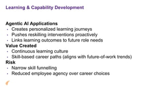 Learning & Capability Development
Agentic AI Applications
• Creates personalized learning journeys
• Pushes reskilling interventions proactively
• Links learning outcomes to future role needs
Value Created
• Continuous learning culture
• Skill-based career paths (aligns with future-of-work trends)
Risk
• Narrow skill funnelling
• Reduced employee agency over career choices
 
