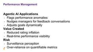 Performance Management
Agentic AI Applications
• Flags performance anomalies
• Nudges managers for feedback conversations
• Adjusts goals dynamically
Value Created
• Reduced rating inflation
• Real-time performance visibility
Risk
• Surveillance perception
• Over-reliance on quantifiable metrics
 