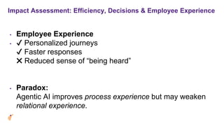 • Employee Experience
• Personalized journeys
Faster responses
Reduced sense of “being heard”
• Paradox:
Agentic AI improves process experience but may weaken
relational experience.
•
Impact Assessment: Efficiency, Decisions & Employee Experience
 