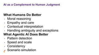 AI as a Complement to Human Judgment
What Humans Do Better
• Moral reasoning
• Empathy and care
• Contextual interpretation
• Handling ambiguity and exceptions
What Agentic AI Does Better
• Pattern detection
• Speed and scale
• Consistency
• Scenario simulation
 