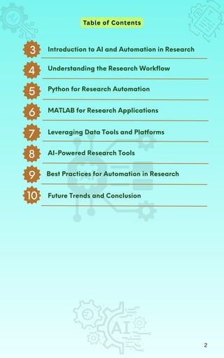 Table of Contents
2
MATLAB for Research Applications
Introduction to AI and Automation in Research
Understanding the Research Workflow
Python for Research Automation
Leveraging Data Tools and Platforms
AI-Powered Research Tools
Best Practices for Automation in Research
Future Trends and Conclusion
3
4
5
6
7
8
9
10
 