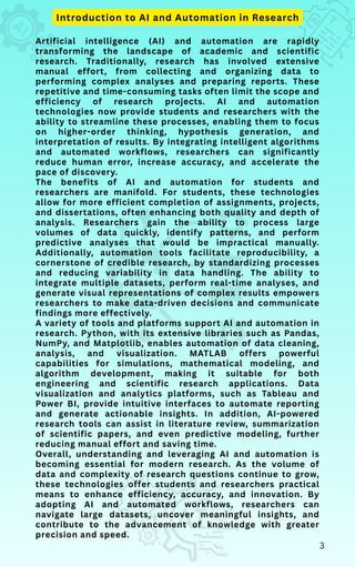Artificial intelligence (AI) and automation are rapidly
transforming the landscape of academic and scientific
research. Traditionally, research has involved extensive
manual effort, from collecting and organizing data to
performing complex analyses and preparing reports. These
repetitive and time-consuming tasks often limit the scope and
efficiency of research projects. AI and automation
technologies now provide students and researchers with the
ability to streamline these processes, enabling them to focus
on higher-order thinking, hypothesis generation, and
interpretation of results. By integrating intelligent algorithms
and automated workflows, researchers can significantly
reduce human error, increase accuracy, and accelerate the
pace of discovery.
The benefits of AI and automation for students and
researchers are manifold. For students, these technologies
allow for more efficient completion of assignments, projects,
and dissertations, often enhancing both quality and depth of
analysis. Researchers gain the ability to process large
volumes of data quickly, identify patterns, and perform
predictive analyses that would be impractical manually.
Additionally, automation tools facilitate reproducibility, a
cornerstone of credible research, by standardizing processes
and reducing variability in data handling. The ability to
integrate multiple datasets, perform real-time analyses, and
generate visual representations of complex results empowers
researchers to make data-driven decisions and communicate
findings more effectively.
A variety of tools and platforms support AI and automation in
research. Python, with its extensive libraries such as Pandas,
NumPy, and Matplotlib, enables automation of data cleaning,
analysis, and visualization. MATLAB offers powerful
capabilities for simulations, mathematical modeling, and
algorithm development, making it suitable for both
engineering and scientific research applications. Data
visualization and analytics platforms, such as Tableau and
Power BI, provide intuitive interfaces to automate reporting
and generate actionable insights. In addition, AI-powered
research tools can assist in literature review, summarization
of scientific papers, and even predictive modeling, further
reducing manual effort and saving time.
Overall, understanding and leveraging AI and automation is
becoming essential for modern research. As the volume of
data and complexity of research questions continue to grow,
these technologies offer students and researchers practical
means to enhance efficiency, accuracy, and innovation. By
adopting AI and automated workflows, researchers can
navigate large datasets, uncover meaningful insights, and
contribute to the advancement of knowledge with greater
precision and speed.
Introduction to AI and Automation in Research
3
 