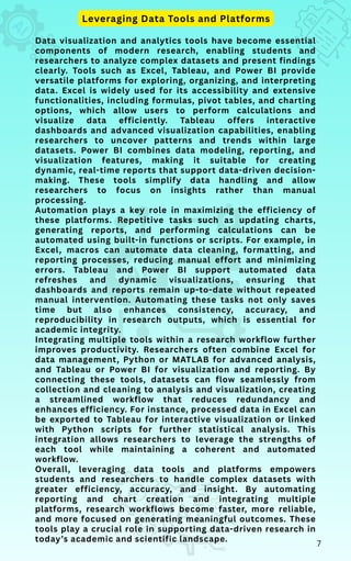 Data visualization and analytics tools have become essential
components of modern research, enabling students and
researchers to analyze complex datasets and present findings
clearly. Tools such as Excel, Tableau, and Power BI provide
versatile platforms for exploring, organizing, and interpreting
data. Excel is widely used for its accessibility and extensive
functionalities, including formulas, pivot tables, and charting
options, which allow users to perform calculations and
visualize data efficiently. Tableau offers interactive
dashboards and advanced visualization capabilities, enabling
researchers to uncover patterns and trends within large
datasets. Power BI combines data modeling, reporting, and
visualization features, making it suitable for creating
dynamic, real-time reports that support data-driven decision-
making. These tools simplify data handling and allow
researchers to focus on insights rather than manual
processing.
Automation plays a key role in maximizing the efficiency of
these platforms. Repetitive tasks such as updating charts,
generating reports, and performing calculations can be
automated using built-in functions or scripts. For example, in
Excel, macros can automate data cleaning, formatting, and
reporting processes, reducing manual effort and minimizing
errors. Tableau and Power BI support automated data
refreshes and dynamic visualizations, ensuring that
dashboards and reports remain up-to-date without repeated
manual intervention. Automating these tasks not only saves
time but also enhances consistency, accuracy, and
reproducibility in research outputs, which is essential for
academic integrity.
Integrating multiple tools within a research workflow further
improves productivity. Researchers often combine Excel for
data management, Python or MATLAB for advanced analysis,
and Tableau or Power BI for visualization and reporting. By
connecting these tools, datasets can flow seamlessly from
collection and cleaning to analysis and visualization, creating
a streamlined workflow that reduces redundancy and
enhances efficiency. For instance, processed data in Excel can
be exported to Tableau for interactive visualization or linked
with Python scripts for further statistical analysis. This
integration allows researchers to leverage the strengths of
each tool while maintaining a coherent and automated
workflow.
Overall, leveraging data tools and platforms empowers
students and researchers to handle complex datasets with
greater efficiency, accuracy, and insight. By automating
reporting and chart creation and integrating multiple
platforms, research workflows become faster, more reliable,
and more focused on generating meaningful outcomes. These
tools play a crucial role in supporting data-driven research in
today’s academic and scientific landscape.
Leveraging Data Tools and Platforms
7
 