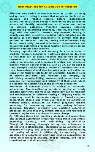 Effective automation in research requires careful planning
and systematic testing to ensure that scripts and tools deliver
accurate and reliable results. Before implementing
automation, researchers should clearly define the tasks to be
automated, identify potential sources of error, and outline
the desired outcomes. Planning involves selecting
appropriate programming languages, libraries, and tools that
align with the specific research requirements. Testing is
equally essential, as scripts should be validated using sample
datasets or controlled experiments to confirm that they
perform as intended. Iterative testing and refinement help
detect errors early, prevent unintended consequences, and
ensure that automated processes function consistently across
different datasets and scenarios.
Ensuring reproducibility and accuracy is a cornerstone of
credible research. Automated workflows should be designed
so that they can be easily repeated and verified by other
researchers or collaborators. This involves documenting
scripts, parameters, and processes in a clear and structured
manner. Version control systems, such as Git, can be used to
track changes and maintain a record of modifications over
time. Researchers should also include checks and validation
steps within their scripts to detect anomalies, handle missing
or inconsistent data, and maintain data integrity. By
prioritizing reproducibility, students and researchers can
increase the transparency and reliability of their work, which
is essential for academic rigor and scientific credibility.
Awareness of common pitfalls is critical to successful
automation. Overcomplicating scripts or relying on overly
complex algorithms can make workflows difficult to maintain
and troubleshoot. Insufficient testing or skipping validation
steps may result in inaccurate outputs or flawed analyses.
Researchers should also avoid overreliance on automation
without critical evaluation, as human judgment remains
necessary for interpreting results and making informed
decisions. Regularly reviewing and updating automated
processes ensures that they remain effective and relevant as
research requirements evolve or datasets change.
By following these best practices, students and researchers
can leverage automation effectively while minimizing errors,
improving accuracy, and maintaining reproducibility.
Thoughtful planning, thorough testing, and adherence to
ethical and methodological standards allow automation to
enhance efficiency and productivity without compromising
the quality of research. Ultimately, incorporating these
practices into automated workflows enables researchers to
focus on meaningful analysis, deeper insights, and robust
contributions to their academic fields.
Best Practices for Automation in Research
9
 
