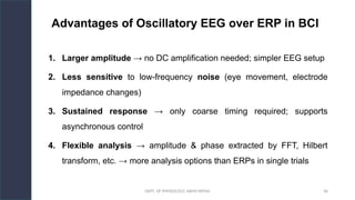 DEPT. OF PHYSIOLOGY, AIIMS PATNA 36
Advantages of Oscillatory EEG over ERP in BCI
1. Larger amplitude → no DC amplification needed; simpler EEG setup
2. Less sensitive to low-frequency noise (eye movement, electrode
impedance changes)
3. Sustained response → only coarse timing required; supports
asynchronous control
4. Flexible analysis → amplitude & phase extracted by FFT, Hilbert
transform, etc. → more analysis options than ERPs in single trials
 