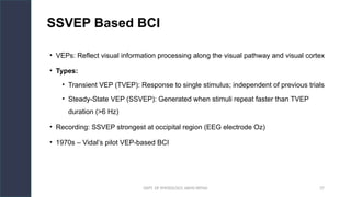 DEPT. OF PHYSIOLOGY, AIIMS PATNA 37
SSVEP Based BCI
• VEPs: Reflect visual information processing along the visual pathway and visual cortex
• Types:
• Transient VEP (TVEP): Response to single stimulus; independent of previous trials
• Steady-State VEP (SSVEP): Generated when stimuli repeat faster than TVEP
duration (>6 Hz)
• Recording: SSVEP strongest at occipital region (EEG electrode Oz)
• 1970s – Vidal’s pilot VEP-based BCI
Hello.
 