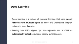 DEPT. OF PHYSIOLOGY, AIIMS PATNA 65
Deep Learning
• Deep learning is a subset of machine learning that uses neural
networks with multiple layers to model and understand complex
patterns in large datasets.
• Feeding raw EEG signals (or spectrograms) into a CNN to
automatically detect seizures or classify motor imagery.
Hello.
 