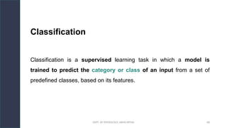 DEPT. OF PHYSIOLOGY, AIIMS PATNA 68
Classification
Classification is a supervised learning task in which a model is
trained to predict the category or class of an input from a set of
predefined classes, based on its features.
Hello.
 