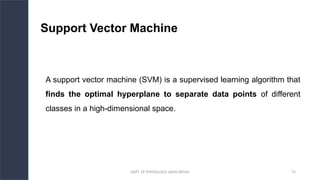 DEPT. OF PHYSIOLOGY, AIIMS PATNA 75
Support Vector Machine
A support vector machine (SVM) is a supervised learning algorithm that
finds the optimal hyperplane to separate data points of different
classes in a high-dimensional space.
Hello.
 