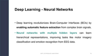 DEPT. OF PHYSIOLOGY, AIIMS PATNA 78
Deep Learning - Neural Networks
• Deep learning revolutionizes Brain-Computer Interfaces (BCIs) by
enabling automatic feature extraction from complex brain signals.
• Neural networks with multiple hidden layers can learn
hierarchical representations, improving tasks like motor imagery
classification and emotion recognition from EEG data.
Hello.
 