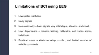 DEPT. OF PHYSIOLOGY, AIIMS PATNA 85
Limitations of BCI using EEG
1. Low spatial resolution
2. Noisy signals
3. Non-stationarity – brain signals vary with fatigue, attention, and mood.
4. User dependence – requires training, calibration, and varies across
individuals.
5. Practical issues – electrode setup, comfort, and limited number of
reliable commands.
 