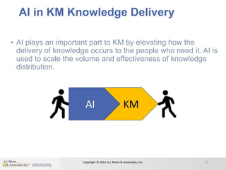 AI in KM Knowledge Delivery
• AI plays an important part to KM by elevating how the
delivery of knowledge occurs to the people who need it. AI is
used to scale the volume and effectiveness of knowledge
distribution.
AI KM
15
Copyright © 2021 A.J. Rhem & Associates, Inc.
 