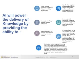 Copyright © 2020 A.J. Rhem & Associates, Inc.
18
Predict trending
knowledge areas/topics
that your knowledge
workers needs
Identify which targeted
knowledge will resonate
with your knowledge
workers based on real-
time engagement and
content consumption
Personalize knowledge
based on individual
preferences
Improve content
decisions by leveraging
machine learning around
what content will be best
suited to address the
situation
AI will make search and
its search products more
relevant, precise and
efficient.
AI through intents will be
able to better know what
content your knowledge
workers need. Intents will
provide a better
understanding of what a
person is looking for by
better understanding the
intended use of the
content.
Chatbots w/ Natural Language Processing
(NLP): will provide cognitive capabilities to
understand, interpret and manipulate human
language that will enable the bots to anticipate
the needs, attitudes and aspirations of users to
aid in decision making and improve outcomes,
all geared to achieve substantial business
value.
AI will power
the delivery of
Knowledge by
providing the
ability to :
 