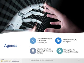 Agenda
Copyright © 2021 A.J. Rhem & Associates, Inc. 2
About Anthony Rhem
& AJ Rhem &
Associates, Inc.
Introduction: KM, AI,
and Big Data
Extracting Knowledge
Organizing & Optimizing
Your Data
Utilizing AI in the
Delivery of Knowledge
 