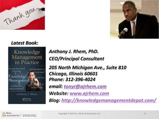 Anthony J. Rhem, PhD.
CEO/Principal Consultant
205 North Michigan Ave., Suite 810
Chicago, Illinois 60601
Phone: 312-396-4024
email: tonyr@ajrhem.com
Website: www.ajrhem.com
Blog: http://knowledgemanagementdepot.com/
Latest Book:
Copyright © 2019 A.J. Rhem & Associates, Inc. 21
 