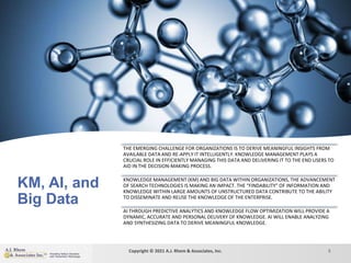 KM, AI, and
Big Data
5
THE EMERGING CHALLENGE FOR ORGANIZATIONS IS TO DERIVE MEANINGFUL INSIGHTS FROM
AVAILABLE DATA AND RE-APPLY IT INTELLIGENTLY. KNOWLEDGE MANAGEMENT PLAYS A
CRUCIAL ROLE IN EFFICIENTLY MANAGING THIS DATA AND DELIVERING IT TO THE END USERS TO
AID IN THE DECISION-MAKING PROCESS.
KNOWLEDGE MANAGEMENT (KM) AND BIG DATA WITHIN ORGANIZATIONS, THE ADVANCEMENT
OF SEARCH TECHNOLOGIES IS MAKING AN IMPACT. THE “FINDABILITY” OF INFORMATION AND
KNOWLEDGE WITHIN LARGE AMOUNTS OF UNSTRUCTURED DATA CONTRIBUTE TO THE ABILITY
TO DISSEMINATE AND REUSE THE KNOWLEDGE OF THE ENTERPRISE.
AI THROUGH PREDICTIVE ANALYTICS AND KNOWLEDGE FLOW OPTIMIZATION WILL PROVIDE A
DYNAMIC, ACCURATE AND PERSONAL DELIVERY OF KNOWLEDGE. AI WILL ENABLE ANALYZING
AND SYNTHESIZING DATA TO DERIVE MEANINGFUL KNOWLEDGE.
Copyright © 2021 A.J. Rhem & Associates, Inc.
 