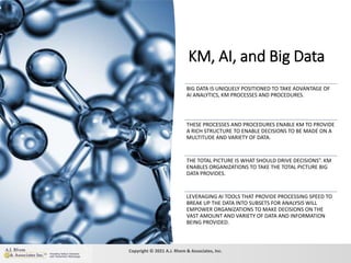 KM, AI, and Big Data
6
BIG DATA IS UNIQUELY POSITIONED TO TAKE ADVANTAGE OF
AI ANALYTICS, KM PROCESSES AND PROCEDURES.
THESE PROCESSES AND PROCEDURES ENABLE KM TO PROVIDE
A RICH STRUCTURE TO ENABLE DECISIONS TO BE MADE ON A
MULTITUDE AND VARIETY OF DATA.
THE TOTAL PICTURE IS WHAT SHOULD DRIVE DECISIONS”. KM
ENABLES ORGANIZATIONS TO TAKE THE TOTAL PICTURE BIG
DATA PROVIDES.
LEVERAGING AI TOOLS THAT PROVIDE PROCESSING SPEED TO
BREAK UP THE DATA INTO SUBSETS FOR ANALYSIS WILL
EMPOWER ORGANIZATIONS TO MAKE DECISIONS ON THE
VAST AMOUNT AND VARIETY OF DATA AND INFORMATION
BEING PROVIDED.
Copyright © 2021 A.J. Rhem & Associates, Inc.
 