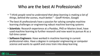 Who	are	the	best	AI	Professionals?
• “I	think	people	need	to	understand	that	deep	learning	is	making	a	lot	of	
things,	behind-the-scenes,	much	better.” - Geoff	Hinton,	Google
• The	best	AI	professionals	have	a	passion	for	solving	complex	machine	
learning	challenges	or	engineering	robust	machine	learning	systems
• Scientists:	Research	experience	at	a	Postdoc,	PhD	or	Masters	level,	have	
used	machine	learning	to	further	research	and	now	want	to	pursue	AI	as	a	
full-time	career
• Software	Engineers:	Have	worked	in	machine	learning	in	current	
professional	roles.	Have	a	degree	in	computer	engineering	or	computer	
science	and	wants	to	upskill	and	cross	train	into	deep	learning
©	Ivy	Data	Science 51©	Ivy	Data	Science 51
 