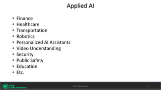 Applied	AI
• Finance	
• Healthcare
• Transportation
• Robotics
• Personalized	AI	Assistants
• Video	Understanding	
• Security
• Public	Safety	
• Education
• Etc.
©	Ivy	Data	Science 57©	Ivy	Data	Science 57
 