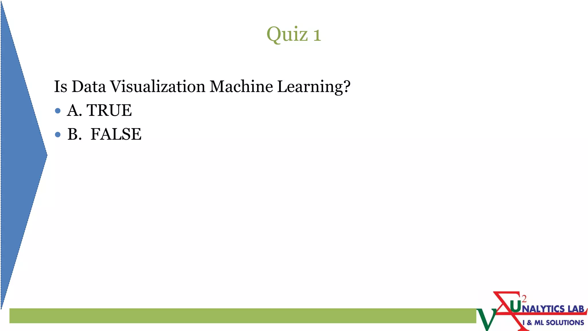 Quiz 1
Is Data Visualization Machine Learning?
 A. TRUE
 B. FALSE
 