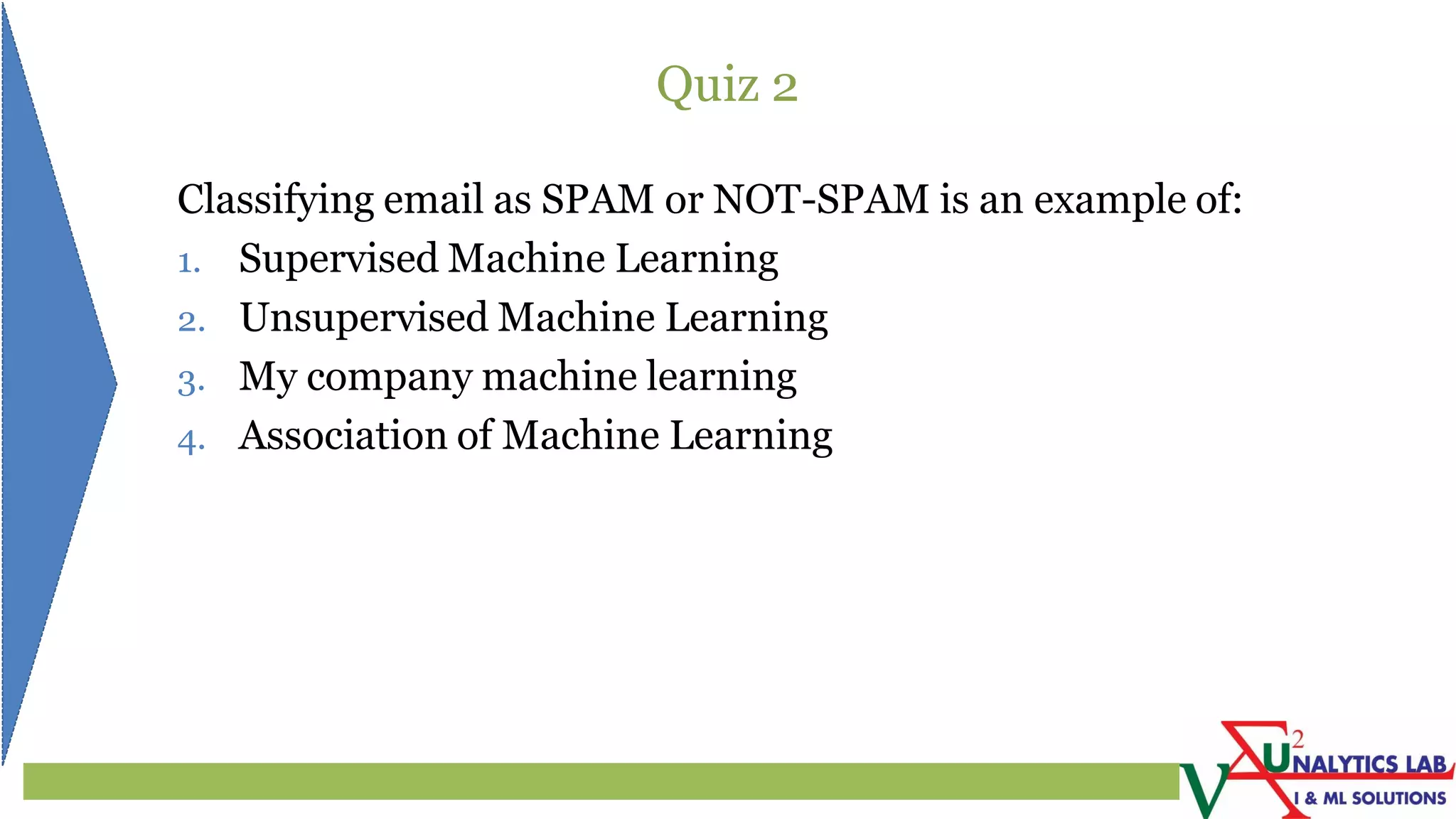 Quiz 2
Classifying email as SPAM or NOT-SPAM is an example of:
1. Supervised Machine Learning
2. Unsupervised Machine Learning
3. My company machine learning
4. Association of Machine Learning
 