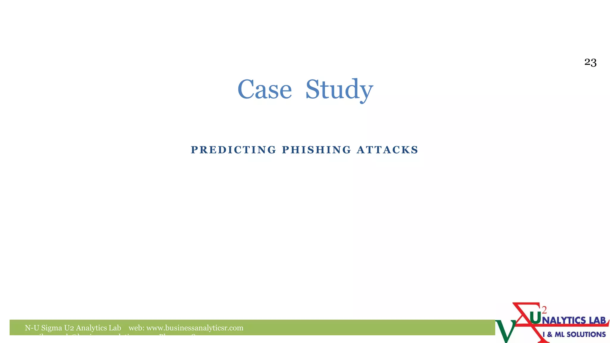 PREDICTING PHISHING ATTACK S
N-U Sigma U2 Analytics Lab web: www.businessanalyticsr.com
email: umesh@businessanalyticsr.com Ph: +1 408757 0093
Case Study
23
 