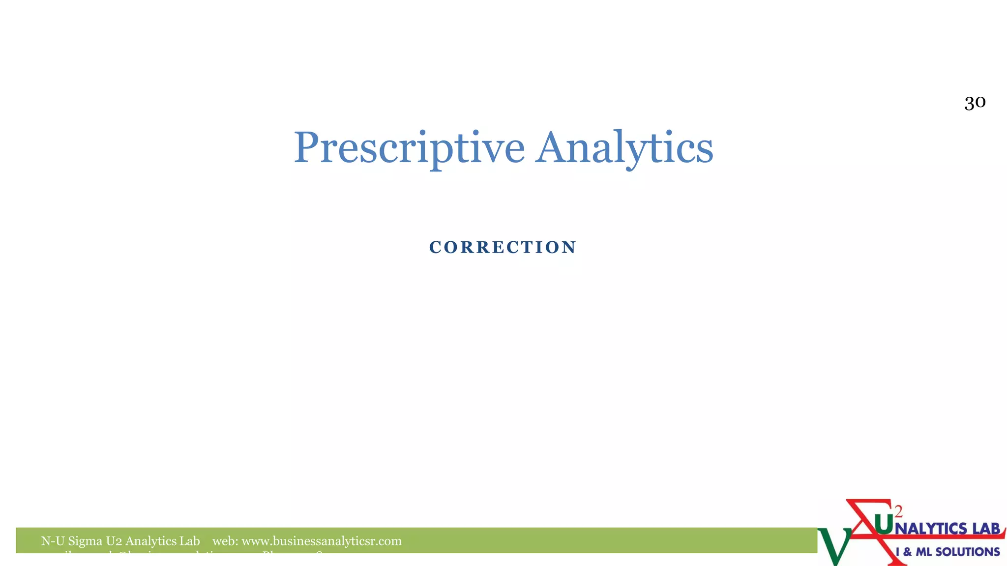 CORRECT I ON
N-U Sigma U2 Analytics Lab web: www.businessanalyticsr.com
email: umesh@businessanalyticsr.com Ph: +1 408757 0093
Prescriptive Analytics
30
 