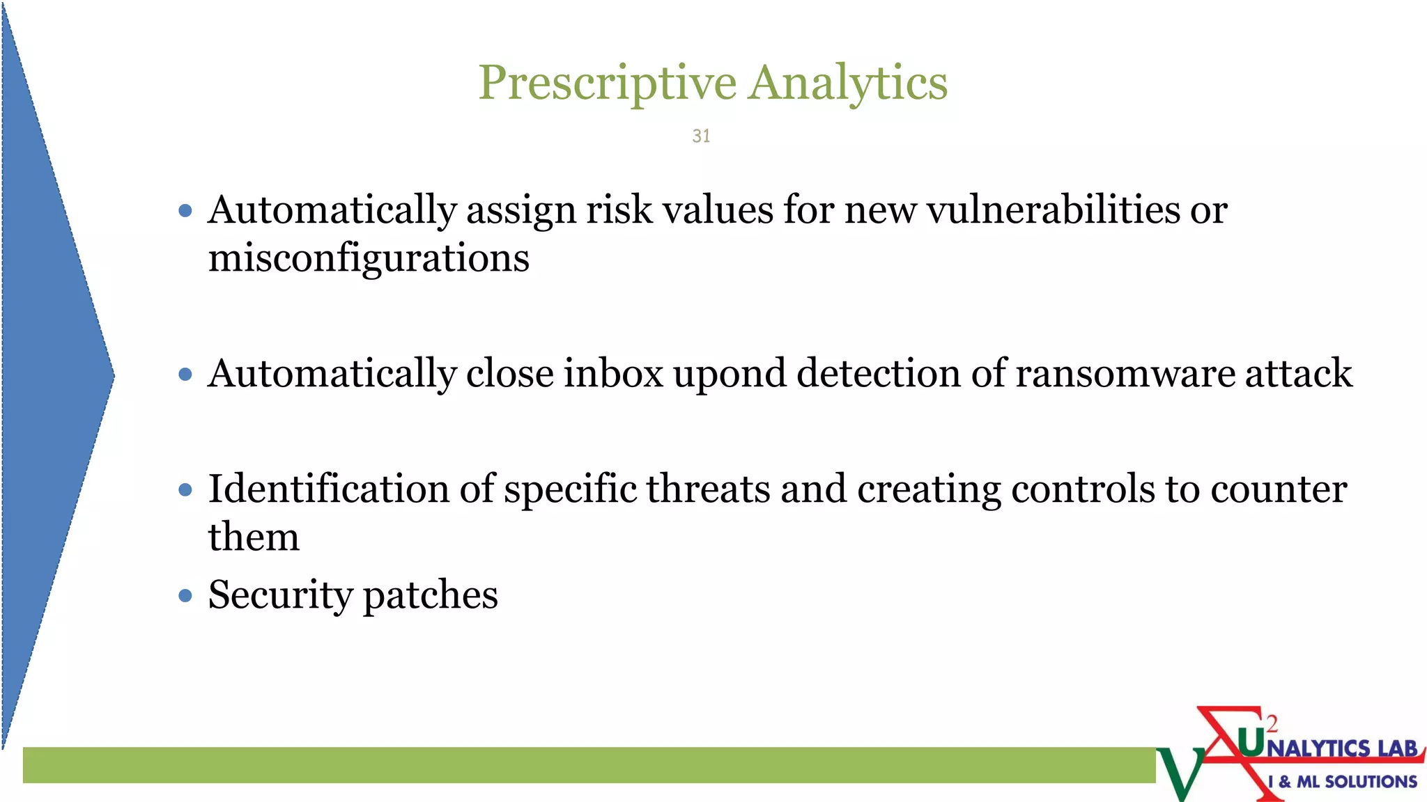 Prescriptive Analytics
 Automatically assign risk values for new vulnerabilities or
misconfigurations
 Automatically close inbox upond detection of ransomware attack
 Identification of specific threats and creating controls to counter
them
 Security patches
31
 