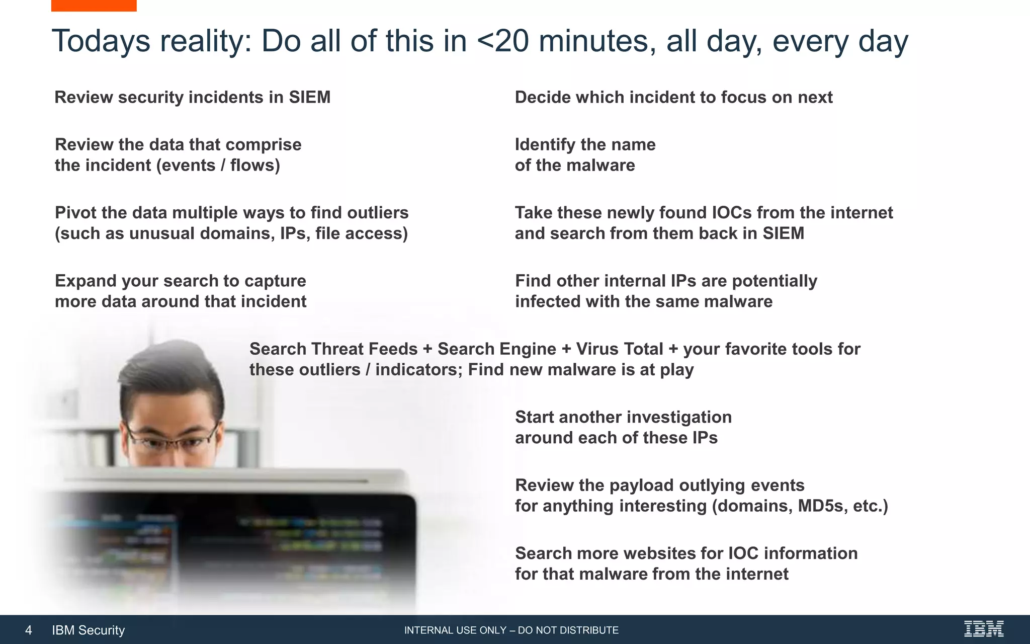 4 IBM Security
Todays reality: Do all of this in <20 minutes, all day, every day
Review security incidents in SIEM Decide which incident to focus on next
Review the data that comprise
the incident (events / flows)
Expand your search to capture
more data around that incident
Pivot the data multiple ways to find outliers
(such as unusual domains, IPs, file access)
Review the payload outlying events
for anything interesting (domains, MD5s, etc.)
Search Threat Feeds + Search Engine + Virus Total + your favorite tools for
these outliers / indicators; Find new malware is at play
Identify the name
of the malware
Search more websites for IOC information
for that malware from the internet
Take these newly found IOCs from the internet
and search from them back in SIEM
Find other internal IPs are potentially
infected with the same malware
Start another investigation
around each of these IPs
INTERNAL USE ONLY – DO NOT DISTRIBUTE
 