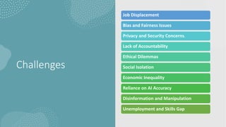 Challenges
Job Displacement
Bias and Fairness Issues
Privacy and Security Concerns.
Lack of Accountability
Ethical Dilemmas
Social Isolation
Economic Inequality
Reliance on AI Accuracy
Disinformation and Manipulation
Unemployment and Skills Gap
 