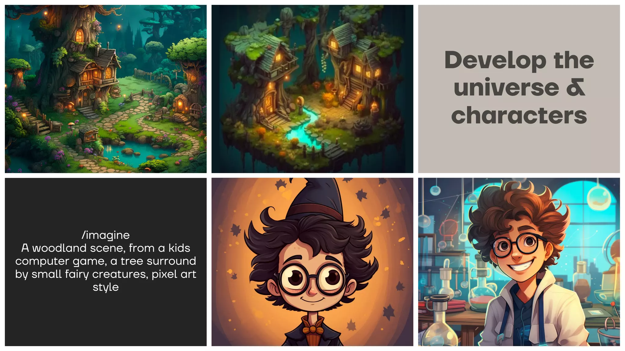 Develop the
universe &
characters
/imagine
A woodland scene, from a kids
computer game, a tree surround
by small fairy creatures, pixel art
style
 