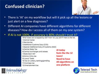 Confused clinician?
• There is ‘AI’ on my workflow but will it pick up all the lesions or
just alert on a few diagnoses?
• Different AI companies have different algorithms for different
diseases? How do I access all of them on my one system?
• If AI is not 100%, if accuracy is 80%-should I trust it?
AI today
feels like the 12
taxes!
Need to have
All algorithms on
one platform
 