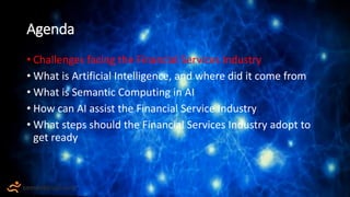 Agenda
• Challenges facing the Financial Services Industry
• What is Artificial Intelligence, and where did it come from
•...
