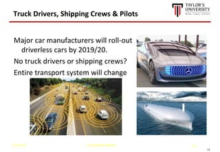 13
Truck Drivers, Shipping Crews & Pilots
Major car manufacturers will roll-out
driverless cars by 2019/20.
No truck drivers or shipping crews?
Entire transport system will change
21-Oct-21 Dr. David Asirvatham 13
 