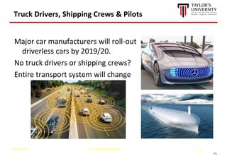 13
Truck Drivers, Shipping Crews & Pilots
Major car manufacturers will roll-out
driverless cars by 2019/20.
No truck drive...